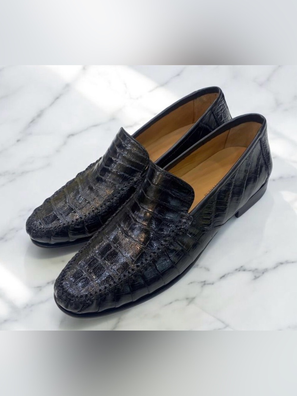 Mezlan Black Croc-Embossed Leather Slip-On Loafers